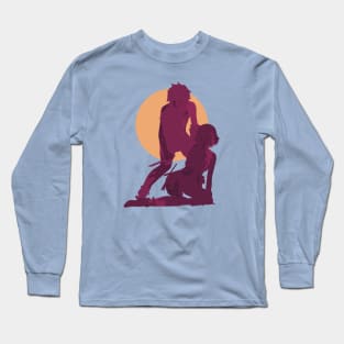 Danmachi Or Is It Wrong To Try Or Dungeon Ni Deai Season 4 Anime Characters Bell And Ryuu Bleeding In Red Minimalist Sunset Vintage Design Long Sleeve T-Shirt